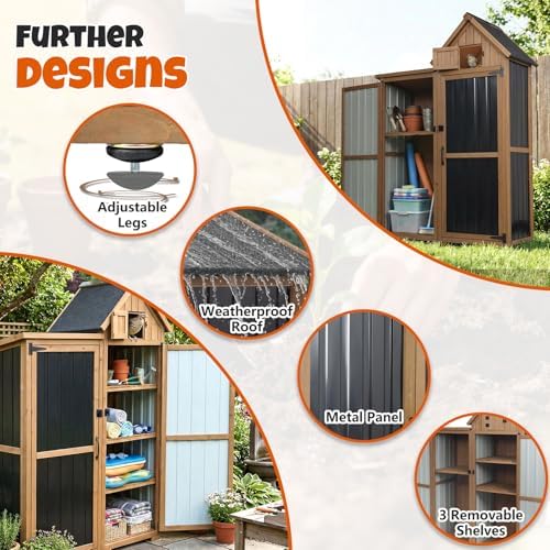 All-in-One Metal & Wood Outdoor Storage Cabinet with Top Compartment, Waterproof Asphalt Roof, Removable Shelves, Heavy-Duty Patio Garage Organizer
