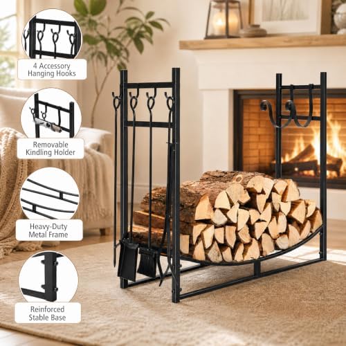 Goplus Firewood Rack Indoor, 36” Firewood Holder with 4- Piece Fireplace Tools-Shovel, Poker, Tongs, Brush, Kindling Holders, Heavy Duty Indoor Log Storage Rack, Outdoor Wood Rack for Fire Pit, Stove