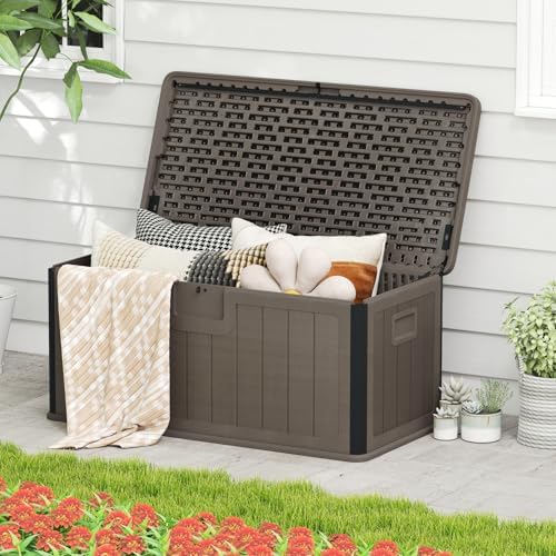 GIANTEX 100 Gallon Deck Box, Waterproof Resin Box with Lockable Lid, 440Lbs Outdoor HDPE Storage Container Bench for Patio Furniture Cushions, Pool Tools & Garden Accessories (Brown)