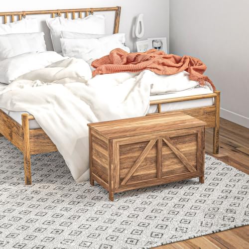 HOMCOM 30" Farmhouse Storage Bench Lift Top Storage Chest in Brown Oak