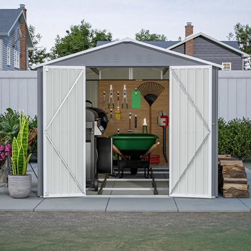 YOPTO 8x12 FT Outdoor Storage Shed W/Floor Frame,Metal Shed W/Double Lockable Doors,Garden Tool House W/ 2 Vents & Sloped Roof,for Backyard Patio Lawn,Gray