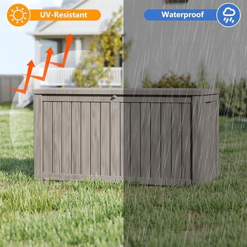 80 Gallon Deck Boxes Outdoor Waterproof, Outdoor Storage Box with Lockable Lid & UV-Resistant for Patio Furniture, Outdoor Cushions, Garden Tools and Pool Supplies, Light Brown