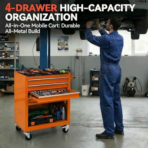 4 Drawers Tool Chest on Wheels, Multifunctional Rolling Tool Cart Tool Storage with 1 Cabinet, Drawers Rolling Tool Box Organizer for Garage, Warehouse, Workshop, Repair Shop (4 Drawers-Orange)