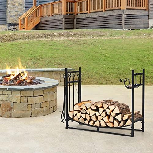 ORALNER 36” Firewood Rack, Indoor Firewood Storage Stand with Kindling Holder & 4 Fireplace Tools Set, Poker Tongs Broom Shovel, Wood Racks for Outdoor Firewood Fireplace Log Holder Lumber Stacker