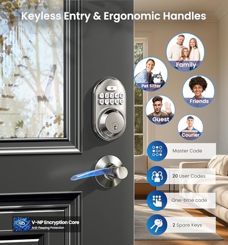 Veise RZ-C Keyless Entry Door Lock with 2 Lever Handles, Satin Nickel