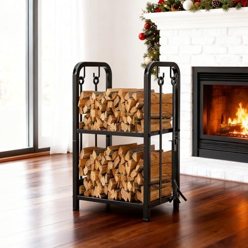 Vailge Firewood Rack Indoor with 4 Pieces Long&Detachable Fireplace Tools, Heavy Duty Steel 2-Tier Firewood Holder Storage, Log Rack for for Fireplace, Fire Pit, Wood Stove Black