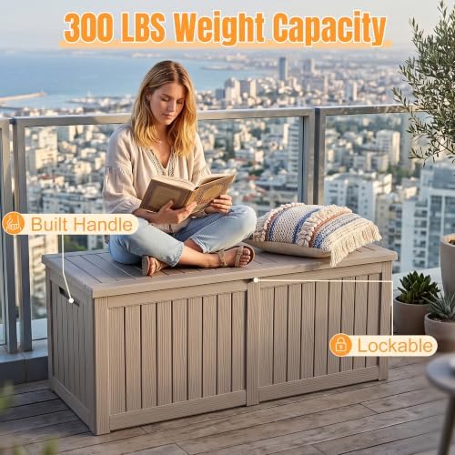 Outdoor Storage Box, 370 Gallon Waterproof Resin Deck Box with Support Rod