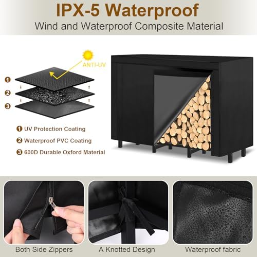 4FT Outdoor Firewood Rack, Wood Storage with 600D Waterproof Oxford Cover Heavy Duty 8 Legs Firewood Log Holder Indoor with Log Carrier, Gloves, and Kindling Hooks for Fireplace Patio Deck Wood Rack