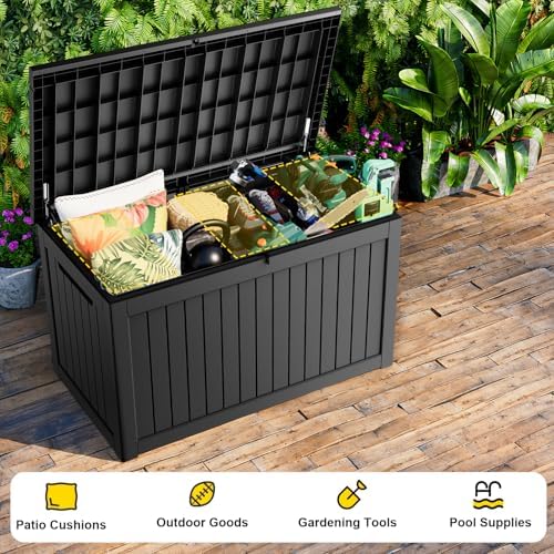 ROJIK Outdoor Storage Housing Deck Box-Waterproof Patio Furniture,Garden Tools,Cushions,Pool Accessories Storage Waterproof Resin Box with Capacity (280 Gal & Black)
