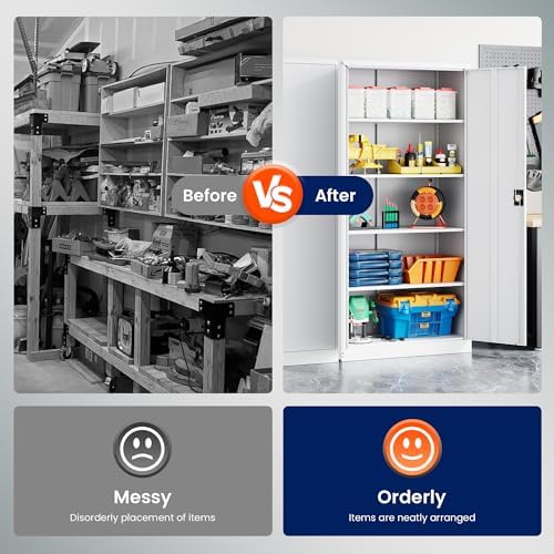 Yizosh Metal Garage Storage Cabinet with Lock, 71" Locking Tool Cabinet with 2 Doors and 5 Shelves, Heavy Duty for Garage, Office, School (White)