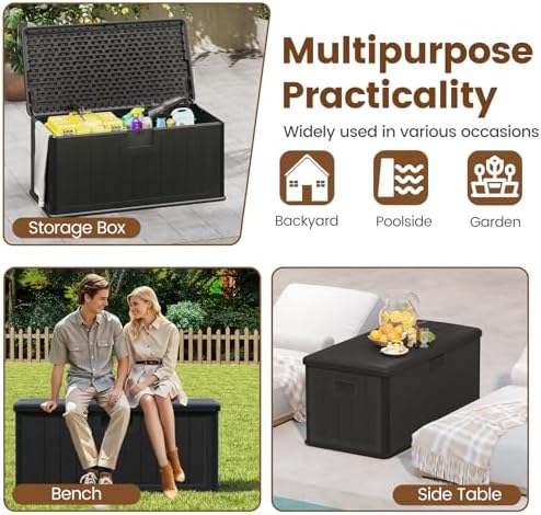 GIANTEX 100 Gallon Deck Box, Waterproof Resin Box with Lockable Lid, 440Lbs Outdoor HDPE Storage Container Bench for Patio Furniture Cushions, Pool Tools & Garden Accessories (Black)