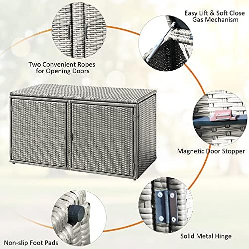 DORTALA 88 Gallon Deck Box Organizer, Wicker Large Indoor Outdoor Storage Container Cabinet for Patio Furniture Cushions Garden Tools, Gray