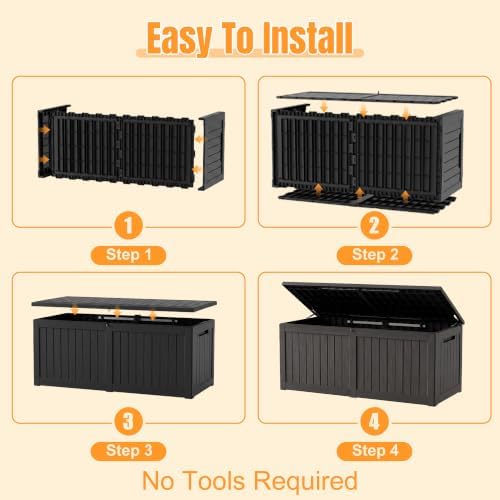 Outdoor Storage Box, 390 Gallon Waterproof Resin Deck Box with Support Rod