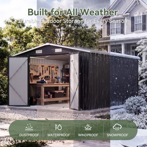 Aoxun 10x12 FT Outdoor Storage Shed with Lockable Double Doors, Black