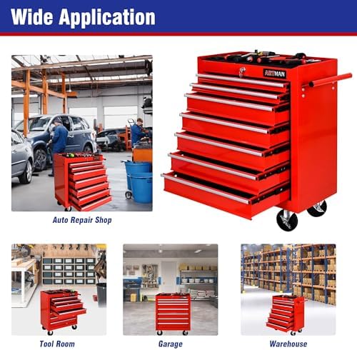 7 Drawers Rolling Tool Cart on Wheels, Multifunctional Organizer Tool Chest Tool Case, Trolley Tool Storage Tool Box for Workshop,Garage,Repair Shop (7 Drawers 24.2" W×12.9" D×30.51" H-Red)