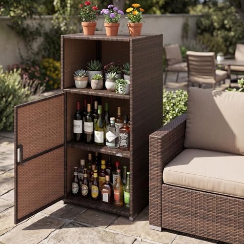 Tangkula Rattan Outdoor Storage Cabinet with 3 Storage Shelves