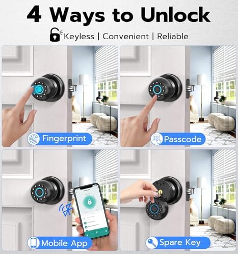 Anweller Smart Door Knob with Lock, Fingerprint Code Keypad Keyless Entry Electronic Digital Biometric Bluetooth App Control Doorknob for Bedroom Interior Apartment Garage - Black