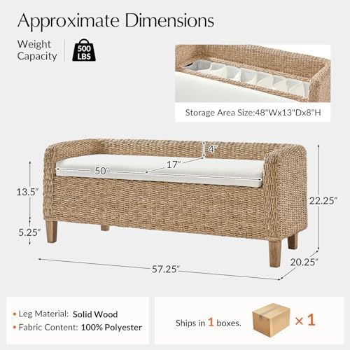 HULALA HOME 57" Rattan Storage Bench, Boho Wicker Bedroom Bench, Natural