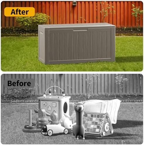 Outdoor Storage Box Waterproof, Lockable Resin 80 Gallon Deck Box Patio Storage Bin for Pool Accessories Cushion Furniture, Garden Tools, UV-Resistant Outside Delivery, Grey