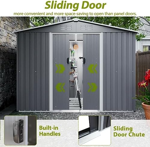 YOPTO 8X6 FT Outdoor Storage Shed with Roof,Waterproof House Tool Cabinet W/Metal Foundation & Lockable Doors,for Shovels,Umbrellas,Antennas,Escalators,Gray
