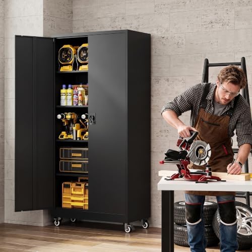 Metal Garage Storage Cabinet with Locking Doors and Adjustable Shelves, Wide & Deep Garage Cabinet on Wheels, 74.5" Rolling Tool Cabinet for Garage, Basement, Home Office