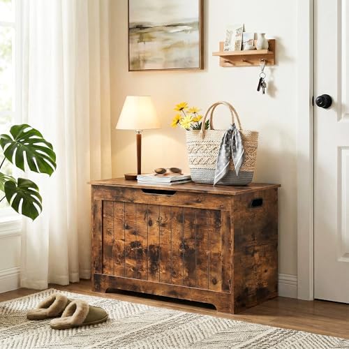 SUPER DEAL Storage Chest, 30 inches Chest Box Organizer with 2 Safety Hinges, Wooden Entryway Storage Bench, Rustic Brown