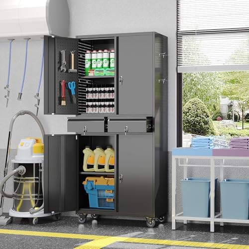 71-Inch Garage Storage Cabinet with 2 Drawers, Wheels and Pegboard