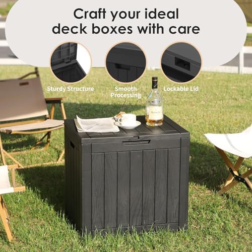 Outdoor Storage Box, 35 Gallon Waterproof Deck Box, Quick Snap-Lock Resin Cabinet for Seat Pillows, Patio Blankets, Lockable End Table Beverage Stand, Apartment Deck, Black