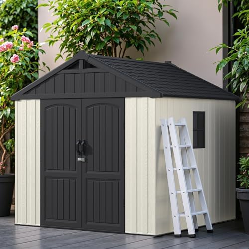 Greesum 8x8FT Plastic Outdoor Storage Shed with Floor, Resin Sheds, Beige