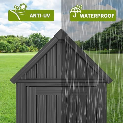 Outdoor Storage Shed, Waterproof Storage Cabinet with Ample Space, Sturdy Resin with Lockable Door and Sloping Roof, Multiple Hooks for Backyard, Garden, Patio & Lawn, Black