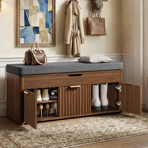 43.5" W Shoe Bench with Storage, Lift Top Entryway Bench, Walnut