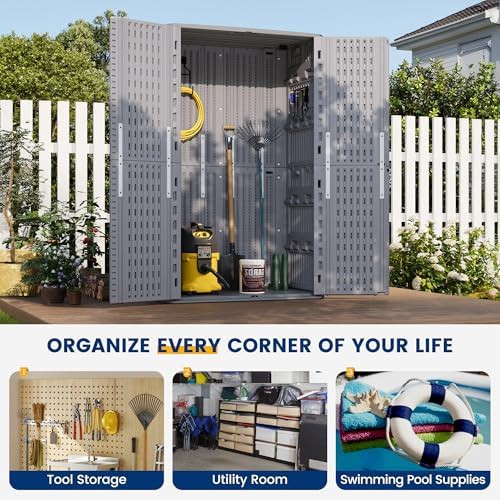 UDPATIO 67 Cu.Ft Vertical Outdoor Storage Shed, HDPE Resin Sheds,Grey