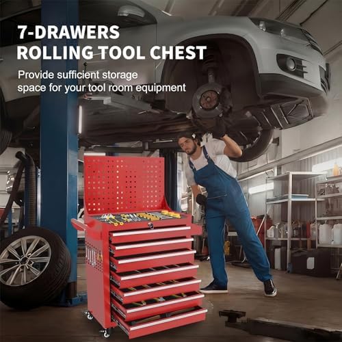 Rolling Tool Chest with Wheels, 7 Drawers Metal Tool Box with Pegboard