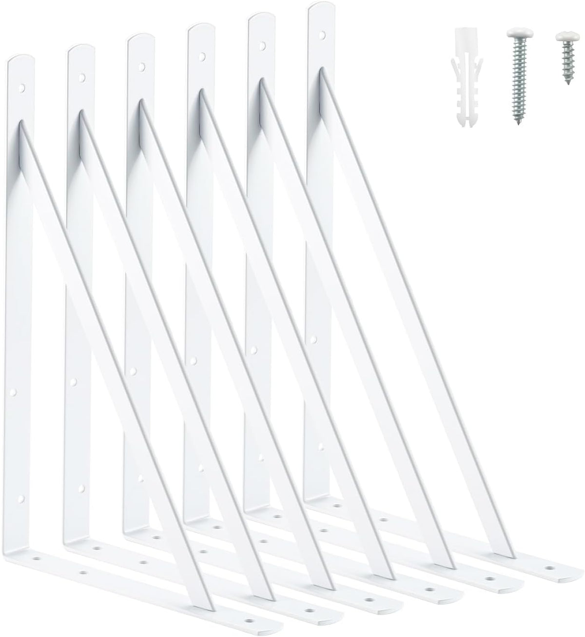 HOME MASTER HARDWARE 16x10 Inch Heavy Duty Shelf Brackets, White 6 Pack | 600lbs Capacity, Reinforced Metal L Supports with Screws, Garage Storage/Workshop Shelves/Basement and DIY Projects