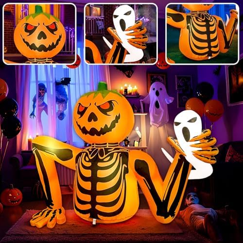 5FT Halloween Pumpkin Inflatable Skeleton with LED Light for Yard Garden