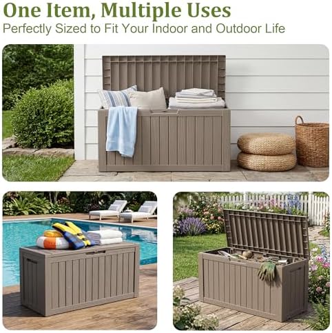 Resin Deck Box Outdoor Storage Box Waterproof for Patio Furniture,Outdoor Cushions,Garden Tools and Pool Supplies (Grey, 90 Gallon)