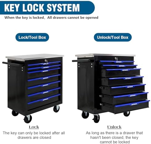 7-Drawer Rolling Tool Chest with Stainless Steel Worktop,Tool Chest with Secure Locking System,Mobile Storage Tool Cabinet with 360°Wheels and Padded Feet,for Home,Garage (Black+Blue)