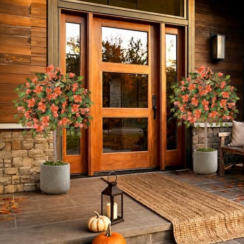 2PCS Fall Tree 4FT Artificial Bougainvillea Tree with Ground Spike UV Resistant Fake Orange Flower Topiary Plants for Outdoor Garden Patio Front Porch Autumn Thanksgiving Halloween Decor