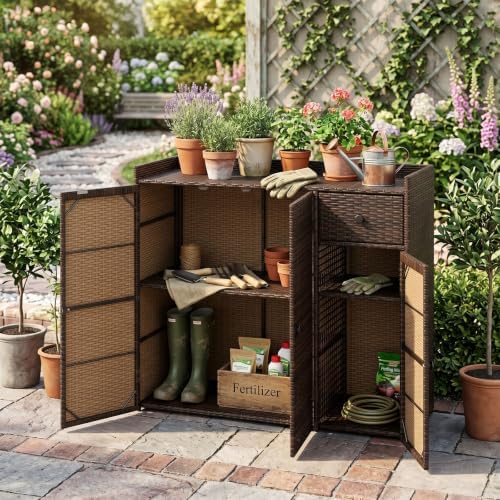 Tangkula Rattan Outdoor Storage Cabinet with 2 Adjustable Shelves