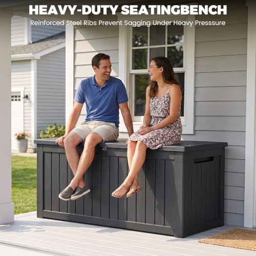 320 Gallon Outdoor Deck Box, Lockable Waterproof Outdoor Storage Boxes For Garden Tools,Indoor Cushions,Accessories Outside Storage Resin Weatherproof Container, Black