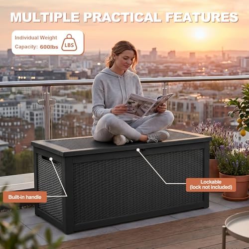 EFU Outdoor Storage Box 360 Gallon Deck Box, Waterproof Resin, Black