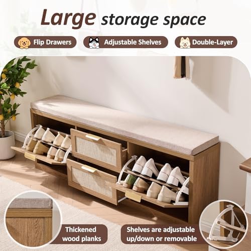 Rattan Narrow Entryway Bench with Shoe Storage, 4 Drawers & Coat Rack, Mid-Century Modern Wood Shoe Cabinet with Seat Cushion for Foyer/Hallway (Rustic Oak Rattan)