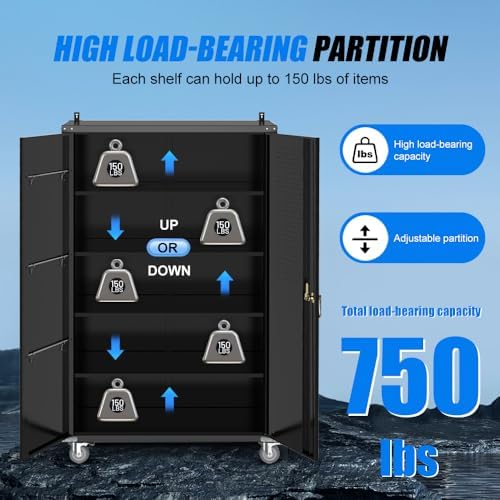 Yeeoy 72" Wide&Deep Metal Garage Storage Cabinet with Wheels, Black