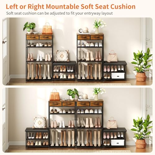 Shoe Rack Bench Shoe Rack for Entryway, Cushioned Entryway Shoe Storage with 2 Drawers & 5-Tier Organizer, Metal Frame Wood Top Narrow Space-Saving Hallway Organizer for Closet & Front Door