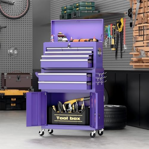Crownland 8 Drawer Rolling Tool Chest with Wheels, Purple