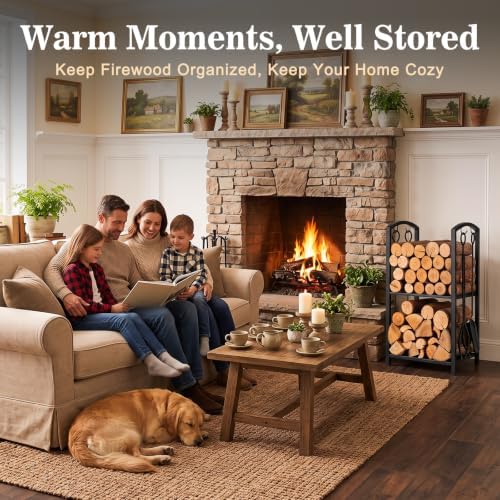 FEED GARDEN Firewood Rack Log Holder with 4-Piece Fireplace Tool Set, 29" H