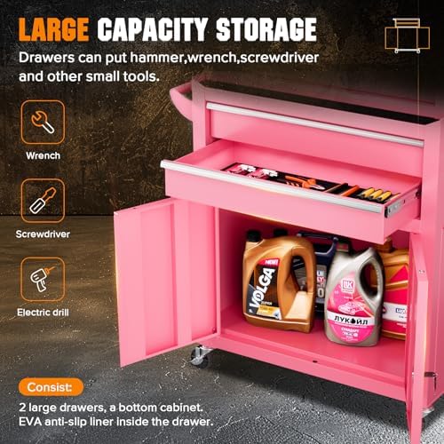 Crownland 8 Drawer Rolling Tool Chest with Wheels, Pink