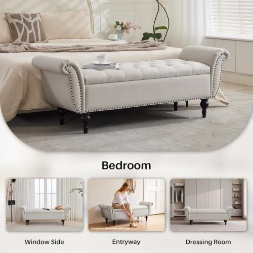 Storage Ottoman Bench, 64" Upholstered Entryway Bench, Beige