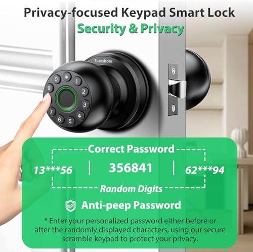 Smart Door Knob Fingerprint Lock 4-in-1 Keyless Entry (Fingerprint/App/Code/Key) Biometric Door with Auto-Lock Easy Install for Home/Bedroom/Office-Black