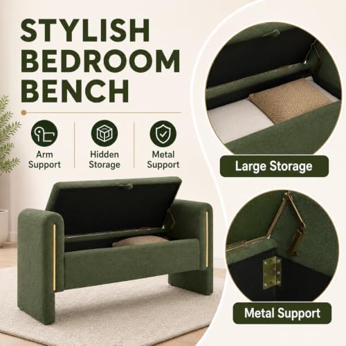 52" Upholstered Storage Bench, Green, Armrests, Wood Frame